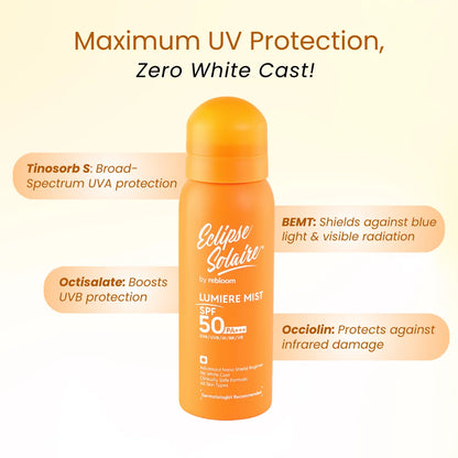 Eclipse Solaire Lumiere Mist Sunscreen Spray SPF 50 PA+++ UVA/ UVB/ IR / BR / VR /No White Cast /All Skin Types | 100ML