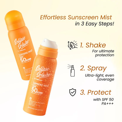 Eclipse Solaire Lumiere Mist Sunscreen Spray SPF 50 PA+++ UVA/ UVB/ IR / BR / VR /No White Cast /All Skin Types | 100ML