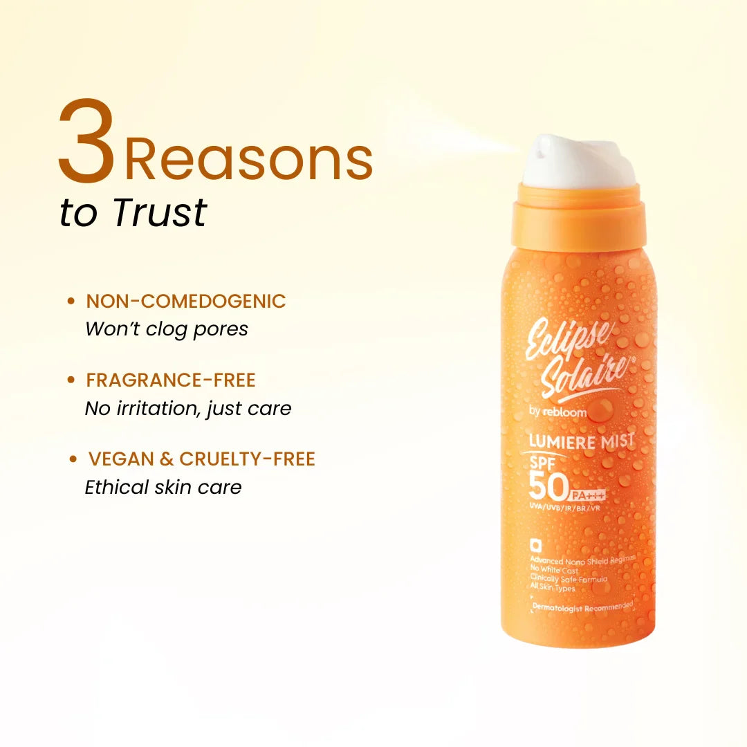 Eclipse Solaire Lumiere Mist Sunscreen Spray SPF 50 PA+++ UVA/ UVB/ IR / BR / VR /No White Cast /All Skin Types | 100ML
