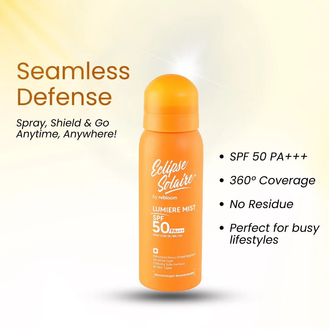 Eclipse Solaire Lumiere Mist Sunscreen Spray SPF 50 PA+++ UVA/ UVB/ IR / BR / VR /No White Cast /All Skin Types | 100ML