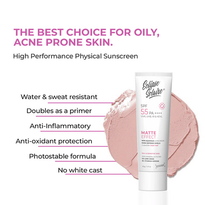 Eclipse Solaire Matte Effect Physical SPF 55 PA++++, No White Cast, for Acne Prone, Oily & Sensitive Skin | 40g